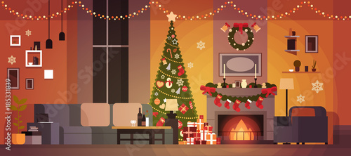 Living Room Decorated For Christmas And New Year With Fir Tree , Fireplace And Garlands Holidays Home Interior Flat Vector Illustration