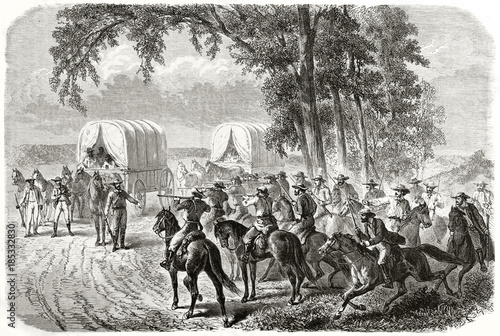 Ambush on a country path by a group of ancient cowboys on a caravan. John Doy (activist for Missouri Slave Abduction) attacked by slavers. By Janet-Lange and Maurand published Le Tour du Monde 1862