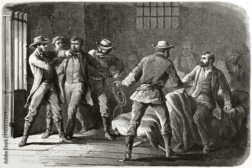 John Doy (activist for Missouri Slave Abduction) escaping from Missouri Jail by the help of a group of Kansas slavery abolitionists. By Janet-Lange published on Le Tour du Monde Paris 1862