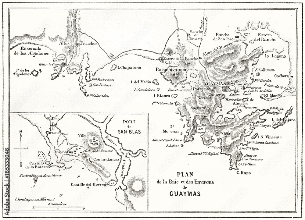 Ancient topographic map of Guaymas bay Mexico. By unidentified author published on Le Tour du Monde Paris 1862