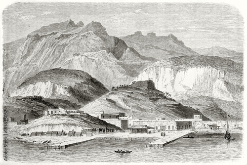 Ancient sea port with high hills behind, peaceful context in a mexican landscape. Old view Guaymas Sonora state Mexico. Created by Lancelot after Vigneaux published on Le Tour du Monde Paris 1862 photo