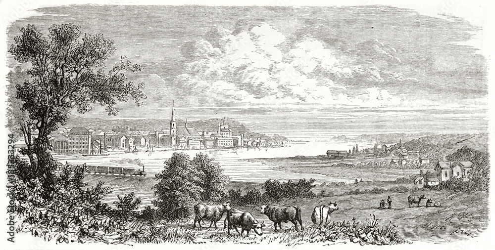 Ancient view of a little city from the coutry all around. Railroad, and grazing cows on foregrownd. Kiel northern Germany. Created by Guaiaud published on Le Tour du Monde Paris 1862