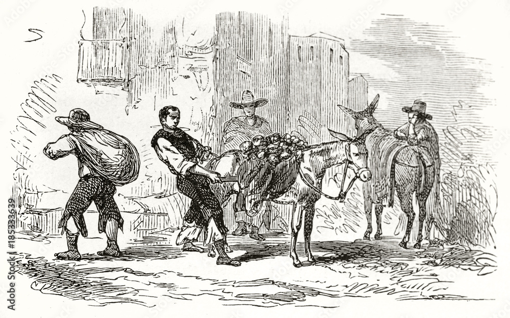 Vintage rough style illustration of mexican merchants that upload goods on their mules. Mexican muleteer. Created by Riou and Salandre published on Le Tour du Monde Paris 1862