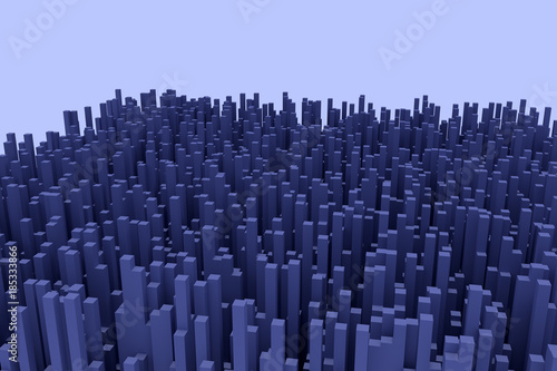 3d-Illustration einer Struktur  die einer futuristischen Stadt   hnelt  und die aus hunderten von blauen  l  nglichen Quadern mit quadratischer Grundfl  che besteht