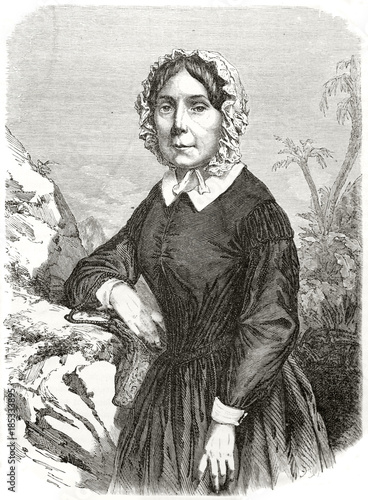 Ancient old serious woman posing in colonial clothes, white cap and black dress. Portrait of Ida Laura Pfeiffer, austrian traveler and writer. By Mettais and Hildebrand on Le Tour du Monde Paris 1862 photo