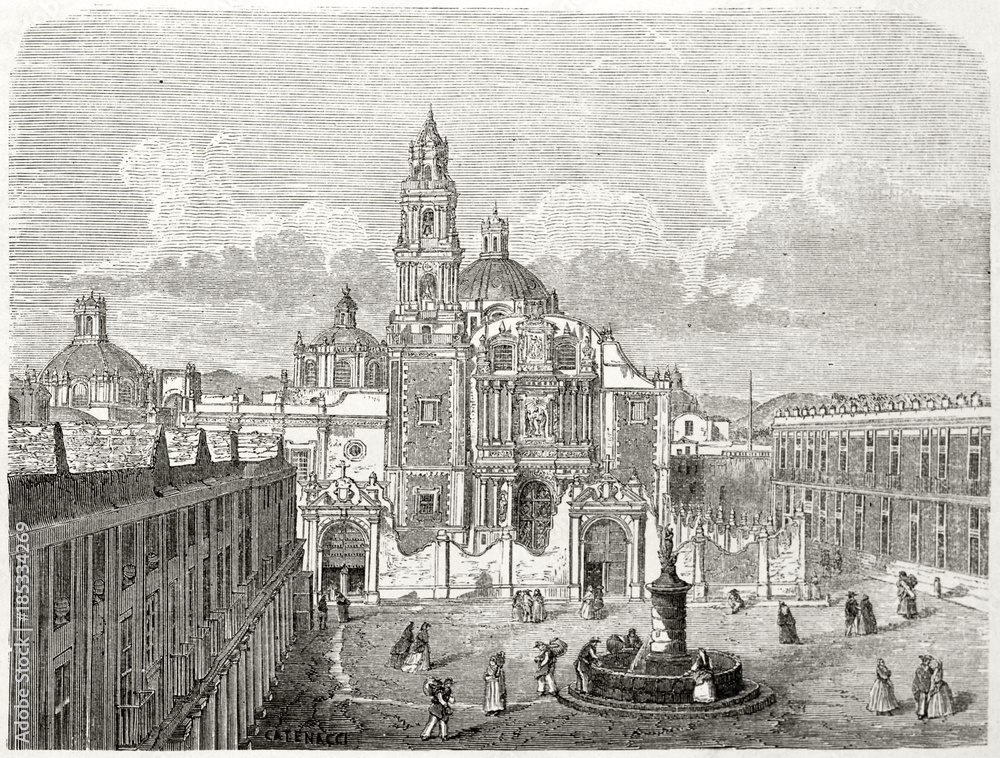 Ancient overall view of Santo Domingo church and the same name square in Mexico city with his churchs and fountain. Created by Catenacci after photo of Charnay published on Le Tour du Monde Paris 1862