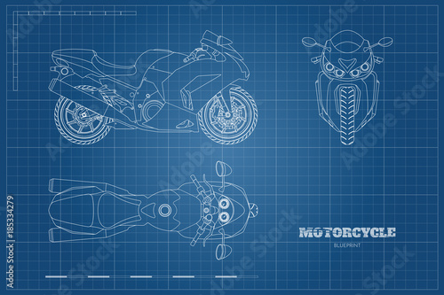 Outline drawing of motorcycle. Side, top and front view. Detailed  blueprint of motorbike on blue background