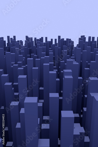 3d-Illustration einer Struktur  die einer futuristischen Stadt   hnelt  und die aus hunderten von blauen  l  nglichen Quadern mit quadratischer Grundfl  che besteht