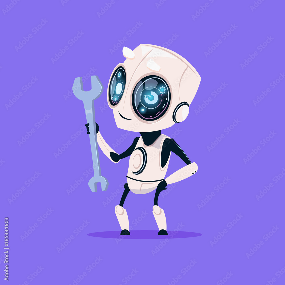 Cute Robot Hold Wrench Isolated Icon On Blue Background Modern Technology Artificial Intelligence Concept Flat Vector Illustration Cute Robot Hold Wrench Isolated Icon On Blue Background Modern Technology Artificial Intelligence Concept Flat Vector Illustration