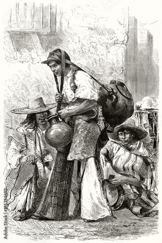 Three ancient mexican water sellers outdoor in Mexico city with their typical clothes and equipment. Created by Riou and Marand published on Le Tour du Monde Paris 1862 photo