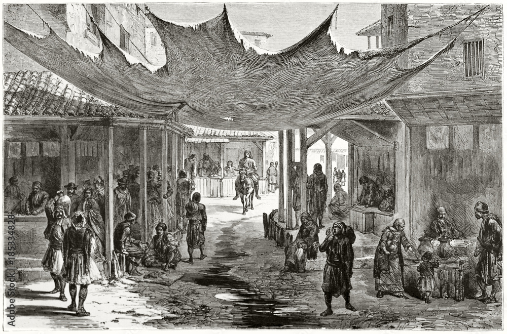 Ancient greek urban context with people living on a narrow street. The Agora Athens. Created by Proust published on Le Tour du Monde Paris 1862