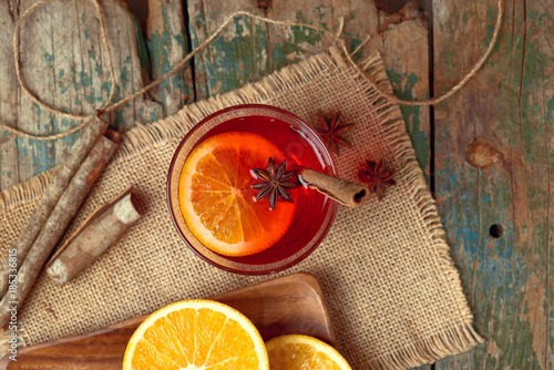 Canvas Print Christmas mulled wine on a rustic wooden table. Holidays concept.