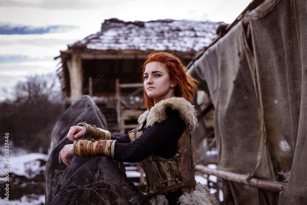 Viking woman with hammer in a traditional warrior clothes. Stock Photo ...