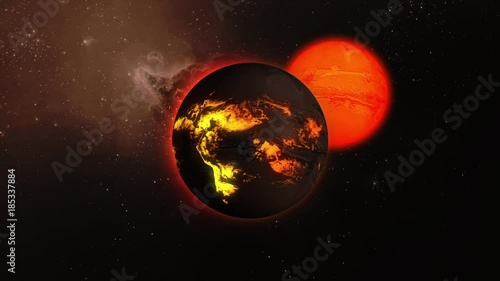 A star with lava flows on the surface rotates in space.