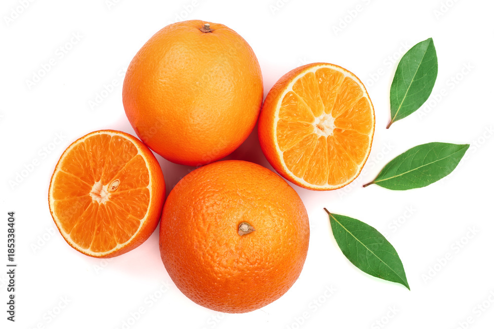 Orange with slice and leaf isolated on the white background. Flat lay pattern. Top view Orange with slice and leaf isolated on the white background. Flat lay pattern. Top view