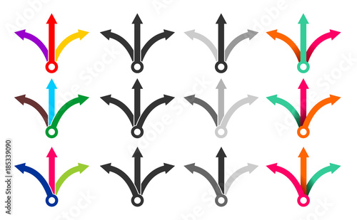 Set of three way directional arrows. Simple color, black and white triple arrowheads sign. Vector illustration. Isolated on white background