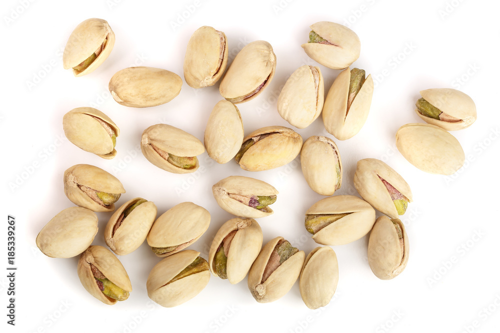 Pistachios isolated on white background, top view. Flat lay Pistachios isolated on white background, top view. Flat lay
