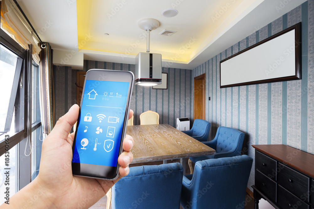 smart phone with smart home with modern cafe