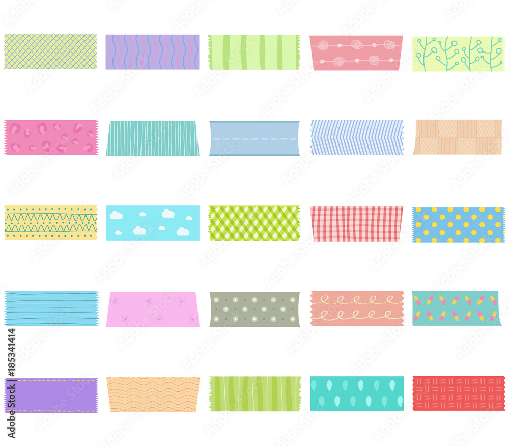 Vector illustration set of cute hand drawn masking tape (Washi tape),  fabric strip, blank tags labels stickers with patterns isolated on white  background. Stock Vector | Adobe Stock