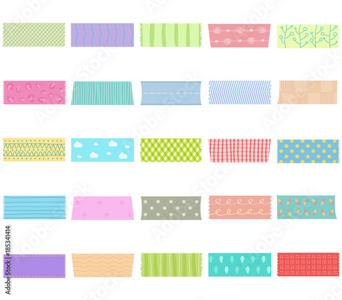 Vector illustration set of cute hand drawn masking tape (Washi tape), fabric strip, blank tags labels stickers with patterns isolated on white background.