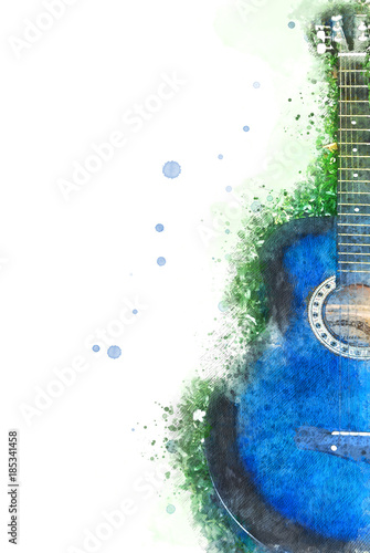 Fototapeta Naklejka Na Ścianę i Meble -  Guitar in the foreground on Watercolor painting background and Digital illustration brush to art.