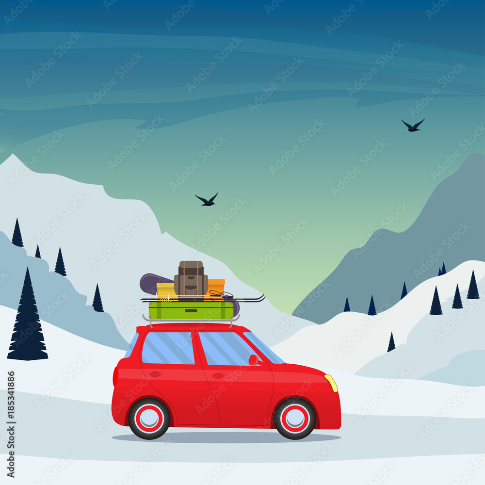 Winter Skiing holiday trip to mountains. Cute small car with ski and  snowboard, backpack and suitcase on the roof. Vector illustration. Stock  Vector