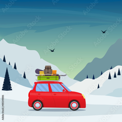 Winter Skiing holiday trip to mountains. Cute small car with ski and snowboard, backpack and suitcase on the roof. Vector illustration.