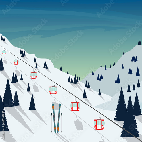 Ski resort snow mountain landscape, ski lifts. Winter landscape with ski slope covered with snow, trees and mountains on background. Cartoon flat vector illustration.