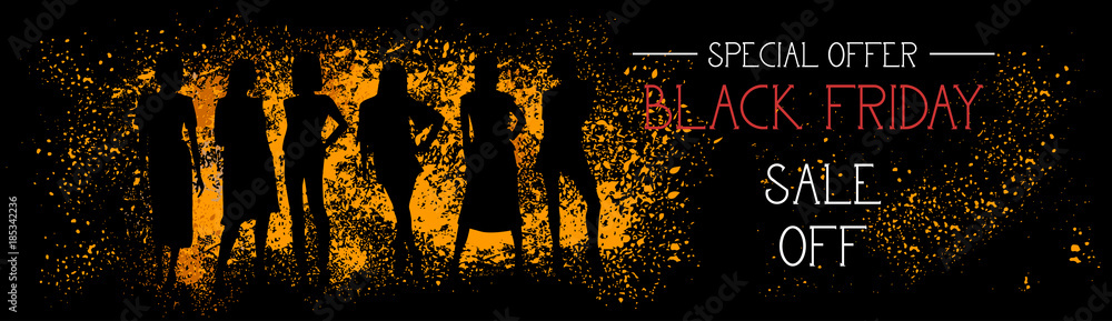 Black Friday Special Offer Sale Off Horizontal Banner With People Silhouettes On Grunge Stroke Background Vector Illustration
