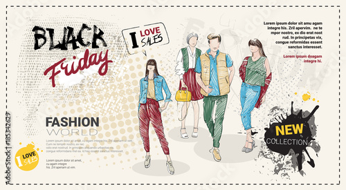 Black Friday Sale Template Brochure With Hand Drawn Fashion Models And Copy Space, New Collection Of Clothes Discounts Concept, Shopping Poster Vector Illustration