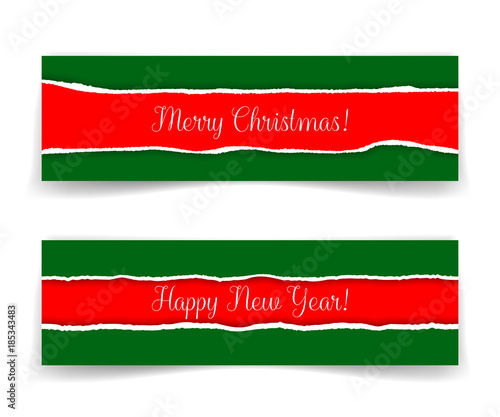 Merry Christmas and Happy New Year banners in grunge style with realistic torn paper borders. Vector illustration for greeting cards  invitations  web headers or advertising
