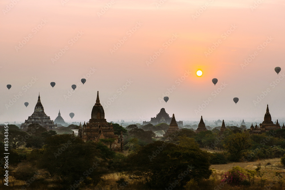 BAGAN, MYANMAR - March 6, 2017: Group of temples in Bagan. Ancient Pagoda. Sunrise in Bagan