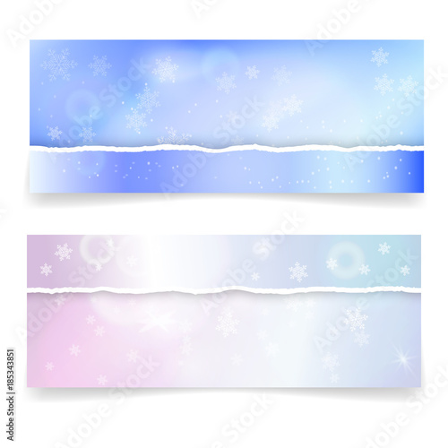 Winter snowy banners with realistic torn paper borders, snowflakes and lights effects. Vector illustration for Happy New Year greeting cards, invitations, web headers or advertising