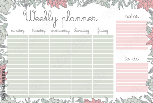Weekly planner with flowers, stationery organizer for daily plans, floral vector weekly planner template, schedules