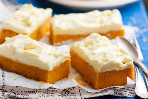 Pumpkin Bars with cream cheese fristing.