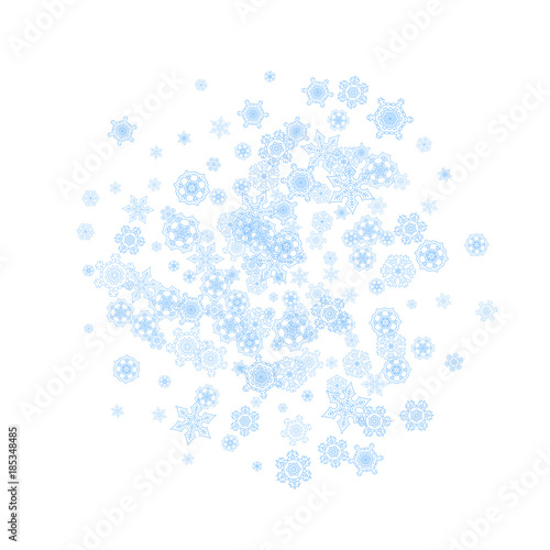 Winter frame with blue snowflakes for Christmas and New Year celebration. Holiday winter frame on white background  for banners, gift coupons, vouchers, ads, party events. Falling frosty snow.