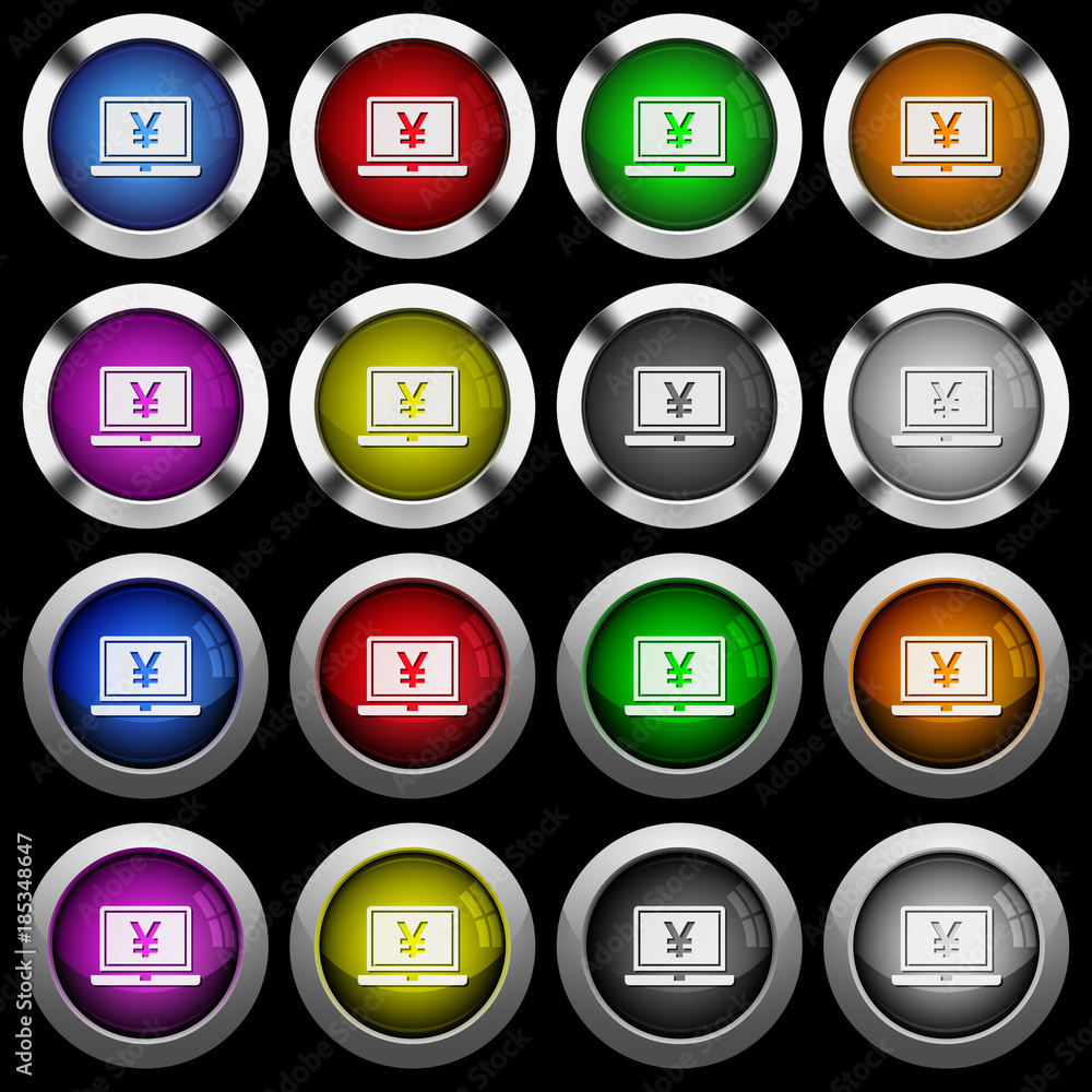Laptop with yen sign white icons in round glossy buttons on black background Laptop with yen sign white icons in round glossy buttons on black background