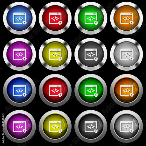 Web development white icons in round glossy buttons on black background