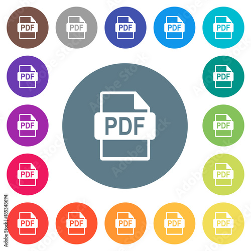 PDF file format flat white icons on round color backgrounds
