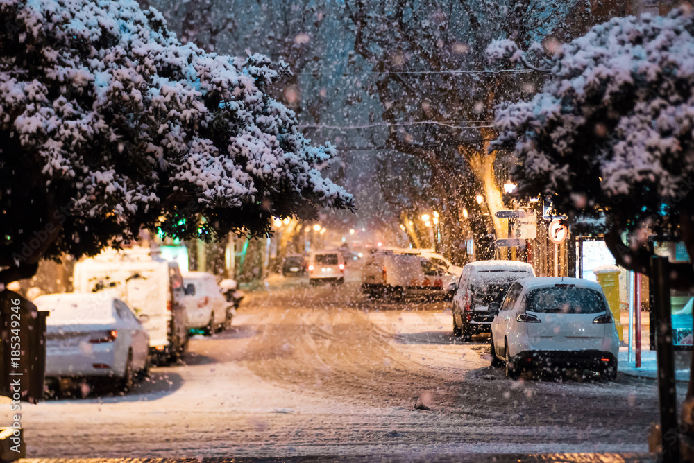 Snowy winter night in small spanish town Denia