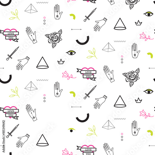 Doodle hipster flash tattoo style seamless vector pattern. Simple outline black and white line style background.