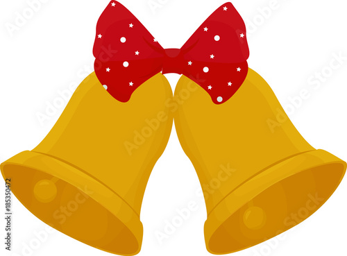 Golden Christmas bells with a red bow, cartoon vector illustration