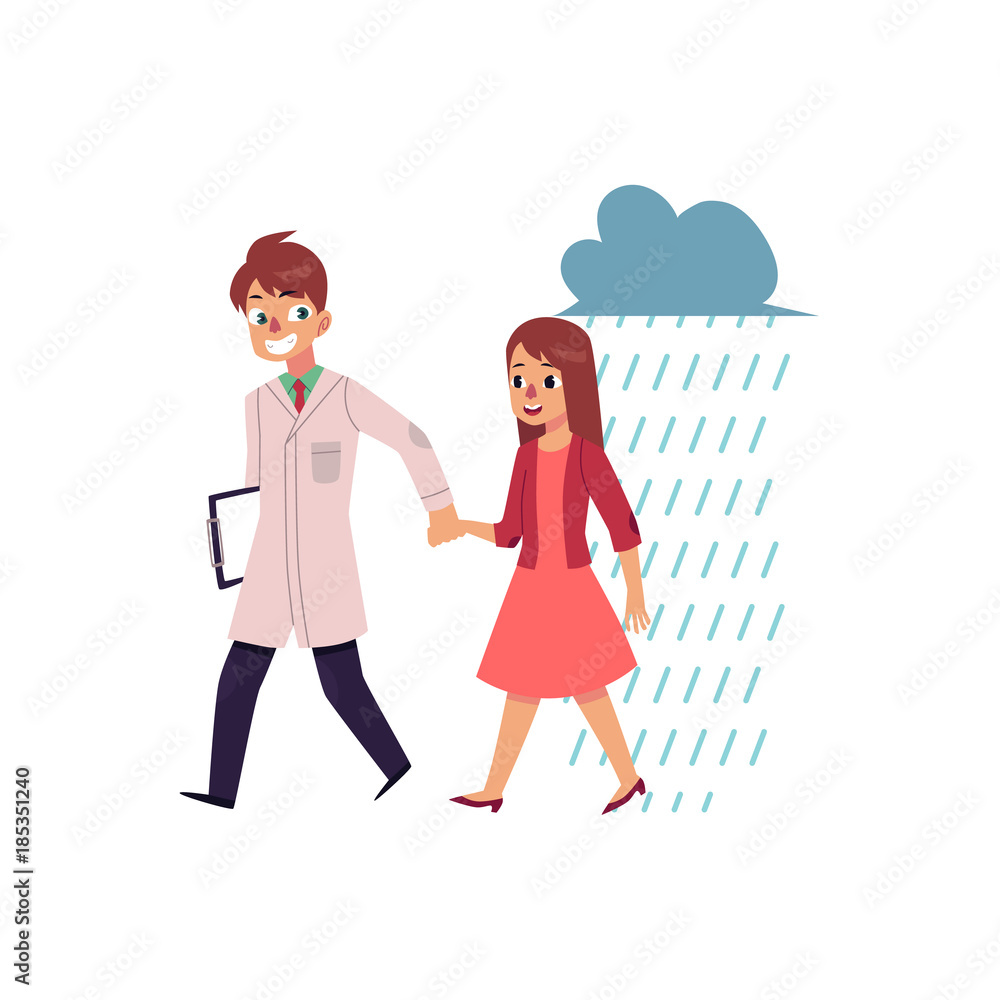 Male doctor, psychiatrist helping a woman to cope with depression, cartoon vector illustration isolated on white background. Doctor helping a woman to recover from sadness, psychiatrist care concept Male doctor, psychiatrist helping a woman to cope with depression, cartoon vector illustration isolated on white background. Doctor helping a woman to recover from sadness, psychiatrist care concept