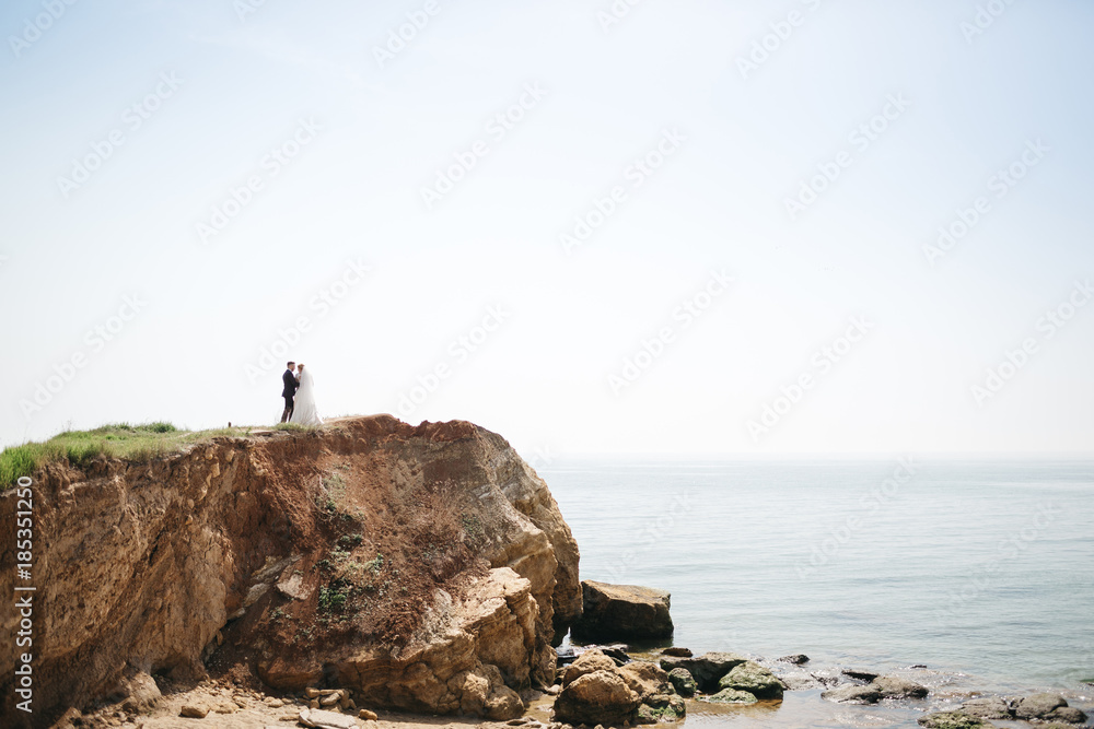 Wedding couple stands on the cliff before the sea Wedding couple stands on the cliff before the sea