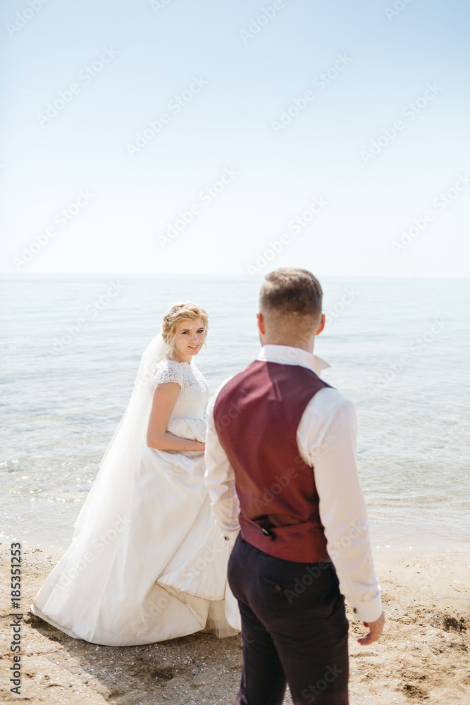 Newlyweds walk along the shore Newlyweds walk along the shore