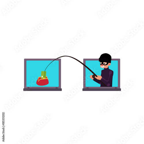 Hacker in mask stealing credit card from a purse with fishing rod, phishing attack, cartoon vector illustration isolated on white background. Cartoon computer hacker, concept of phishing attack