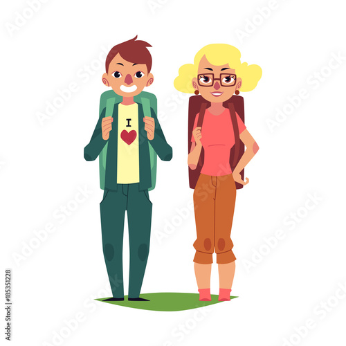 Couple of happy tourists, man and woman, with backpacks, cartoon vector illustration isolated on white background. Happy couple of tourists travelling with backpacks, sightseeing, honeymoon trip