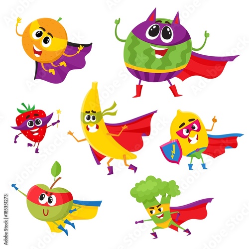 Set of fruit and berry hero, superhero characters in capes and masks, cute cartoon vector illustration isolated on white background. Funny cartoon fruit and berry hero, superhero character set