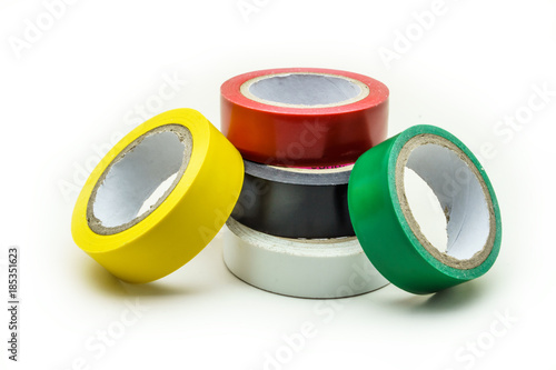 Adhesive insulation tapes are isolated on a white background. Co