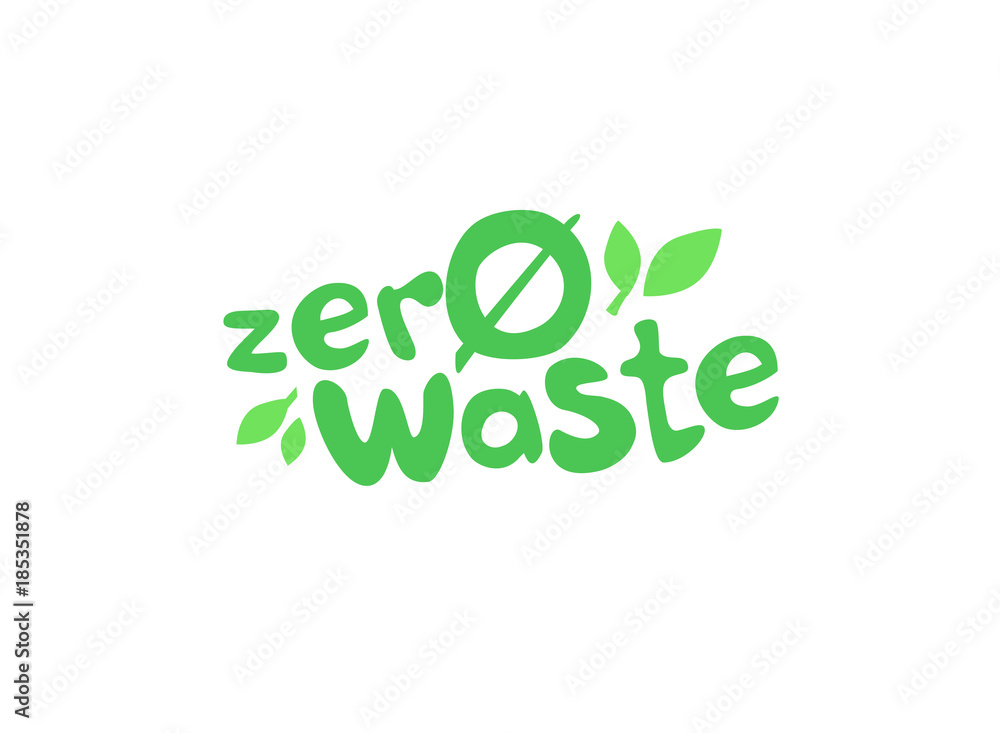 Zero waste handwritten text title sign with green eco leaves. Waste management concept isolated illustration on white background. Zero waste handwritten text title sign with green eco leaves. Waste management concept isolated illustration on white background.